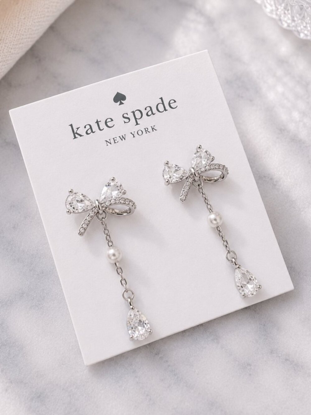 Kate Spade Crystal Bow Pearl Drop Earrings Silver Coquette Bridal Dangle